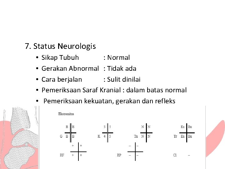 7. Status Neurologis • • • Sikap Tubuh : Normal Gerakan Abnormal : Tidak