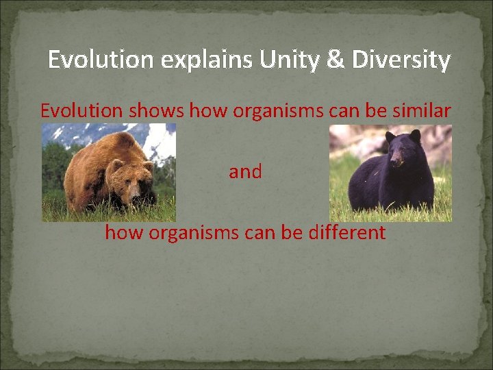 Evolution explains Unity & Diversity Evolution shows how organisms can be similar and how