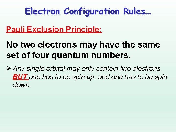 Electron Configuration Rules… Pauli Exclusion Principle: No two electrons may have the same set