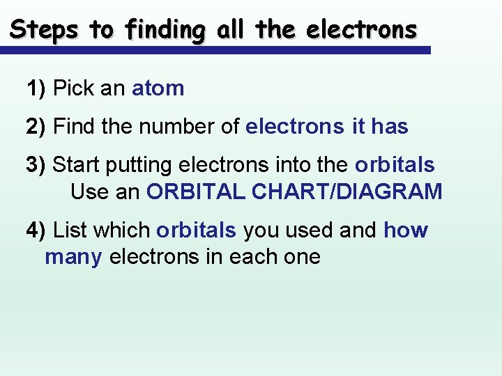 Steps to finding all the electrons 1) Pick an atom 2) Find the number