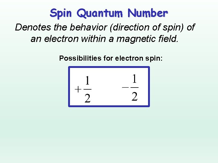 Spin Quantum Number Denotes the behavior (direction of spin) of an electron within a