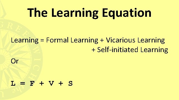 The Learning Equation Learning = Formal Learning + Vicarious Learning + Self-initiated Learning Or