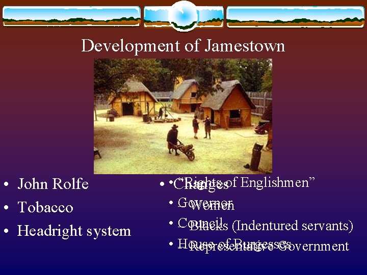 Development of Jamestown • John Rolfe • Tobacco • Headright system “Rights of Englishmen”