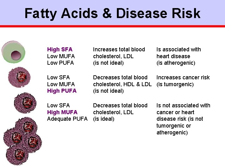 Fatty Acids & Disease Risk High SFA Low MUFA Low PUFA Increases total blood