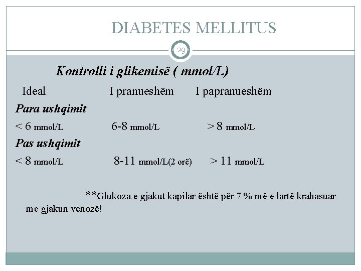 DIABETES MELLITUS 29 Kontrolli i glikemisë ( mmol/L) Ideal Para ushqimit < 6 mmol/L