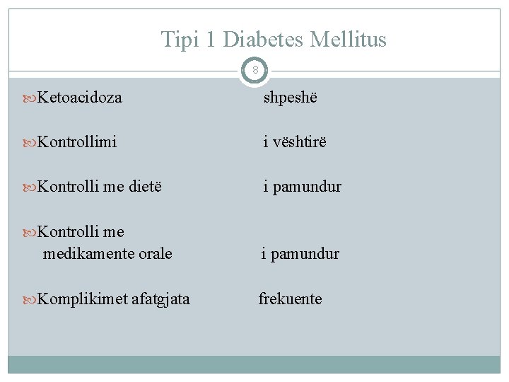 Tipi 1 Diabetes Mellitus 8 Ketoacidoza shpeshë Kontrollimi i vështirë Kontrolli me dietë i