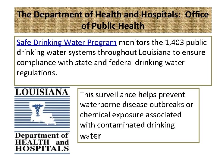 The Department of Health and Hospitals: Office of Public Health Safe Drinking Water Program