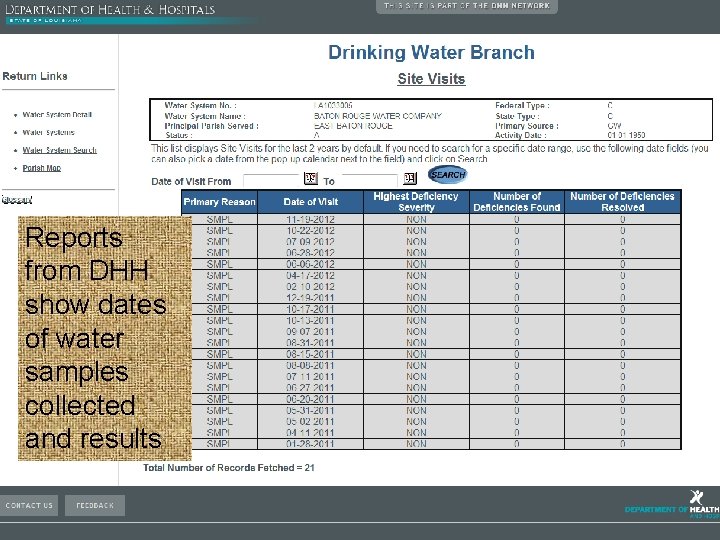 Reports from DHH show dates of water samples collected and results 