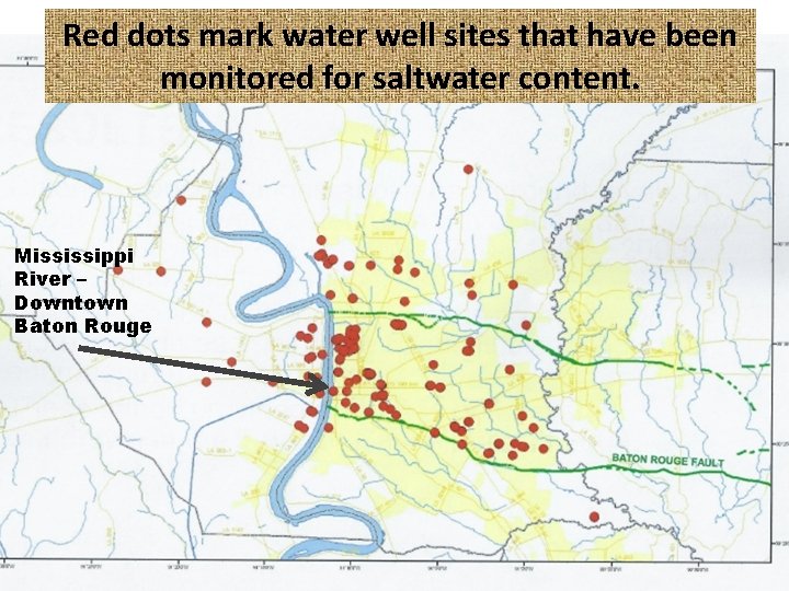 Red dots mark water well sites that have been monitored for saltwater content. Mississippi