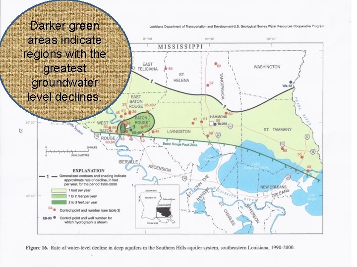 Darker green areas indicate regions with the greatest groundwater level declines. 