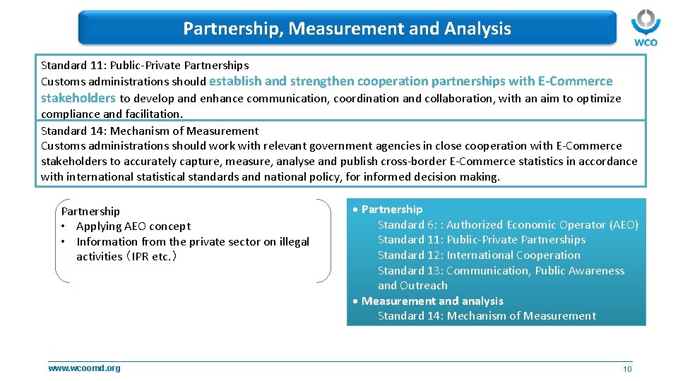 Partnership, Measurement and Analysis Standard 11: Public-Private Partnerships Customs administrations should establish and strengthen