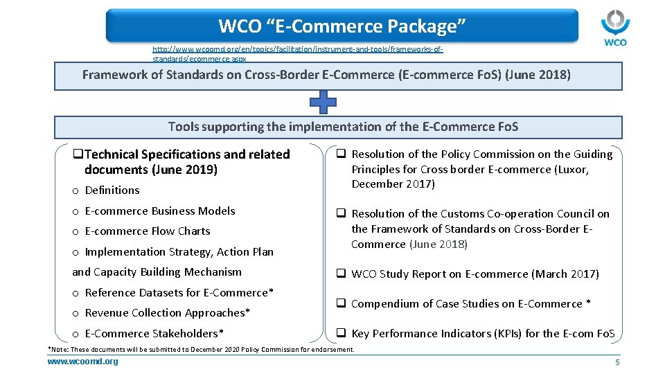WCO “E-Commerce Package” http: //www. wcoomd. org/en/topics/facilitation/instrument-and-tools/frameworks-ofstandards/ecommerce. aspx Framework of Standards on Cross-Border E-Commerce