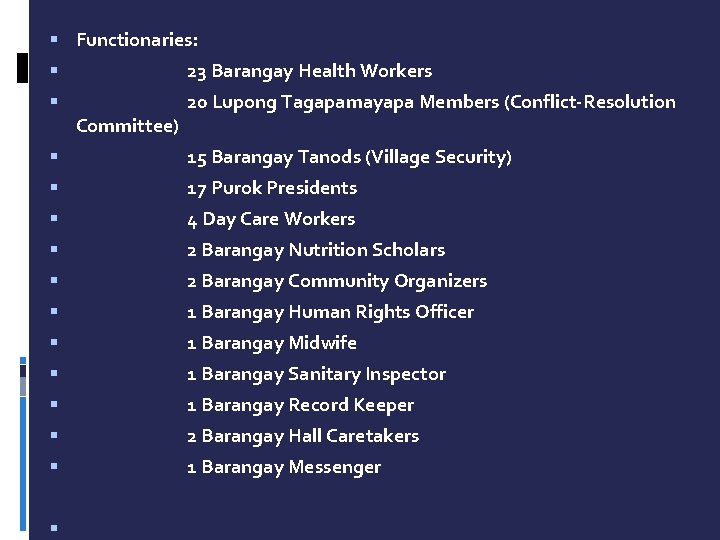  Functionaries: 23 Barangay Health Workers 20 Lupong Tagapamayapa Members (Conflict-Resolution Committee) 15 Barangay