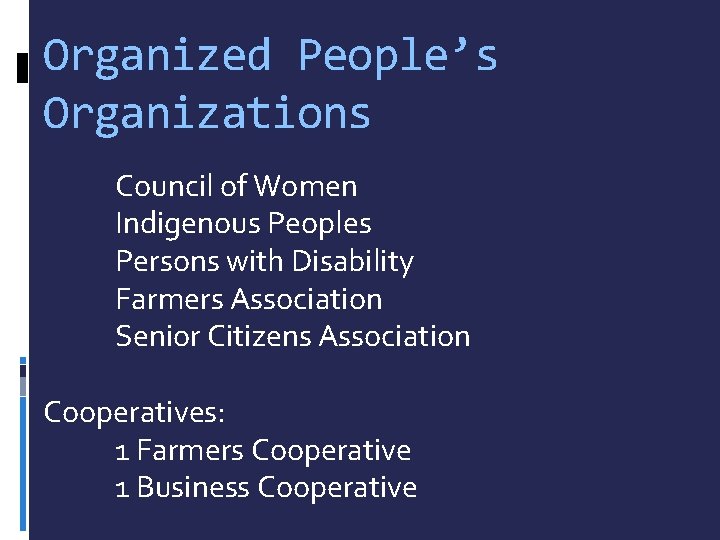 Organized People’s Organizations Council of Women Indigenous Peoples Persons with Disability Farmers Association Senior