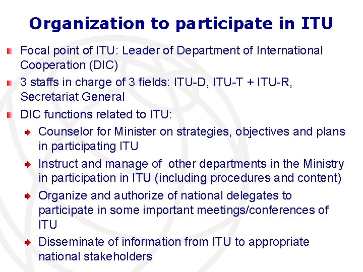 Organization to participate in ITU Focal point of ITU: Leader of Department of International