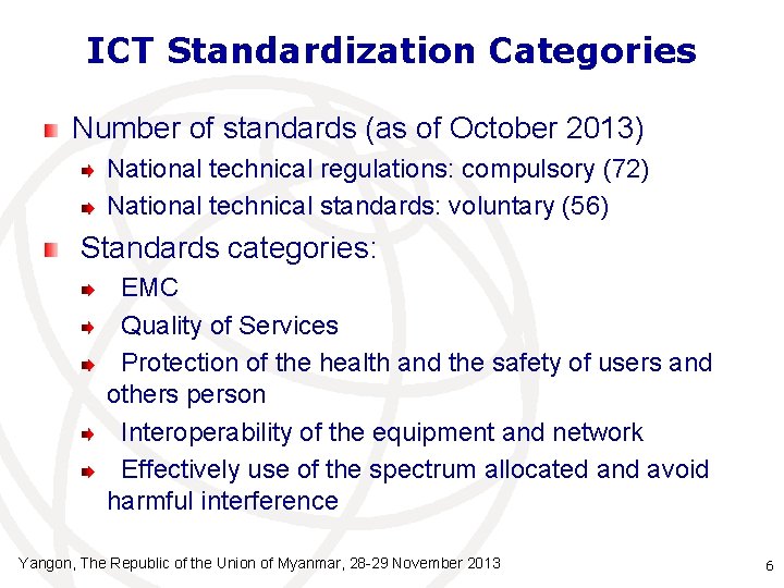 ICT Standardization Categories Number of standards (as of October 2013) National technical regulations: compulsory