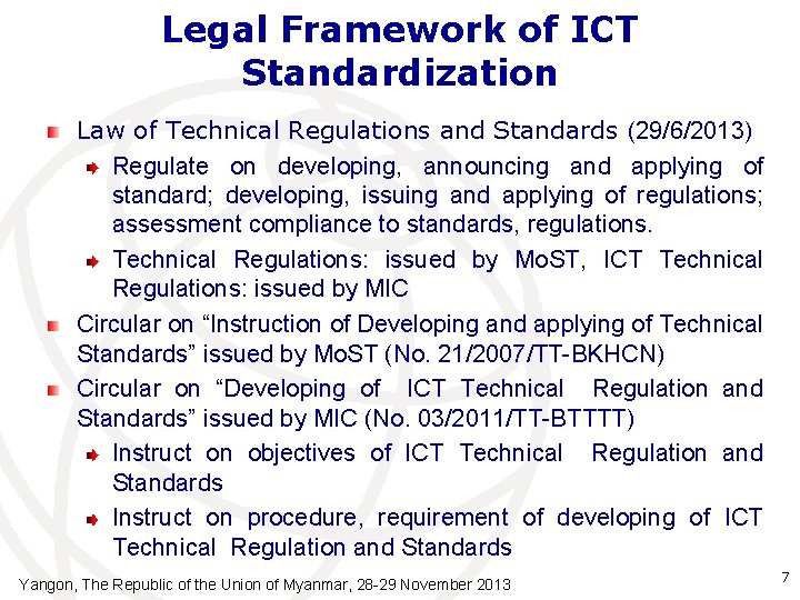 Legal Framework of ICT Standardization Law of Technical Regulations and Standards (29/6/2013) Regulate on