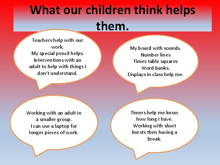 What our children think helps them. Teachers help with our work. My special pencil