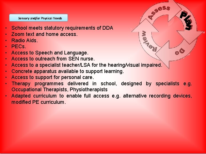 Sensory and/or Physical Needs • • • School meets statutory requirements of DDA Zoom