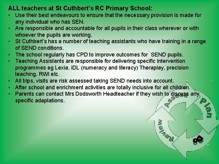 ALL teachers at St Cuthbert’s RC Primary School: • Use their best endeavours to