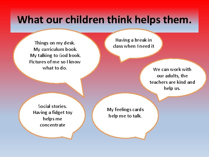 What our children think helps them. Things on my desk. My curriculum book. My