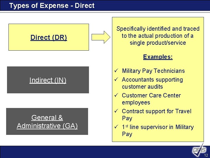 Types of Expense - Direct (DR) Specifically identified and traced to the actual production