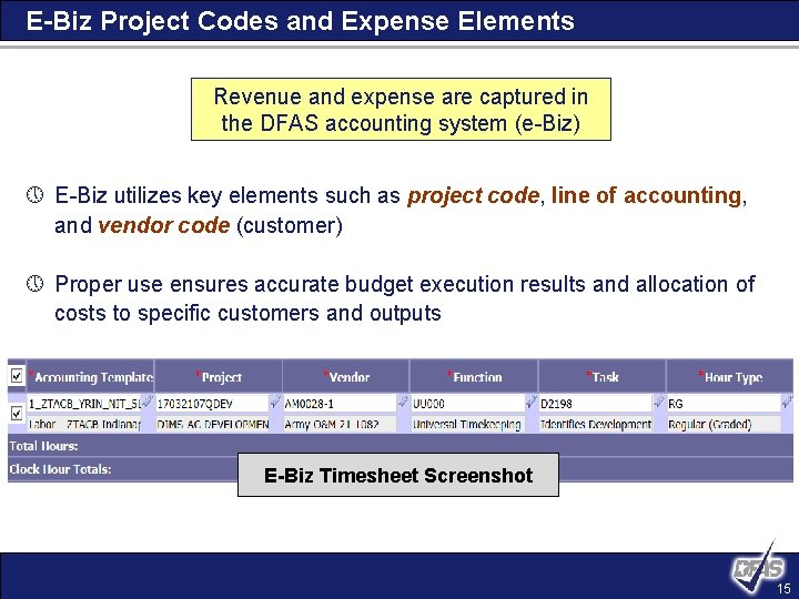 E-Biz Project Codes and Expense Elements Revenue and expense are captured in the DFAS