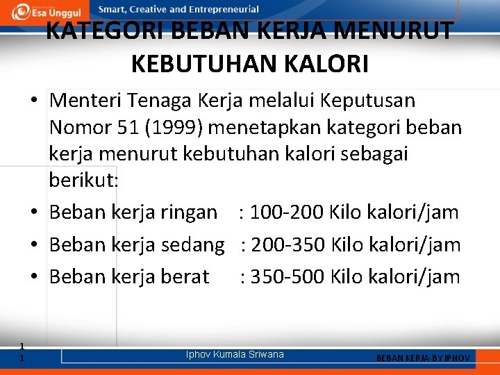 KATEGORI BEBAN KERJA MENURUT KEBUTUHAN KALORI • Menteri Tenaga Kerja melalui Keputusan Nomor 51