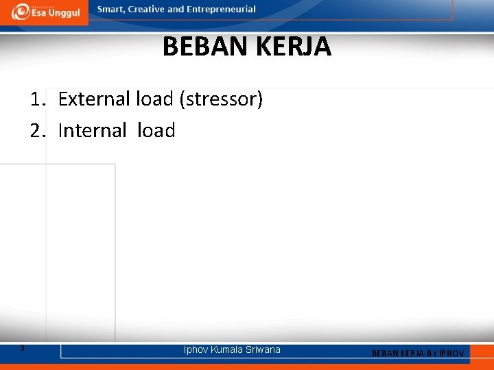 BEBAN KERJA 1. External load (stressor) 2. Internal load 3 Iphov Kumala Sriwana BEBAN