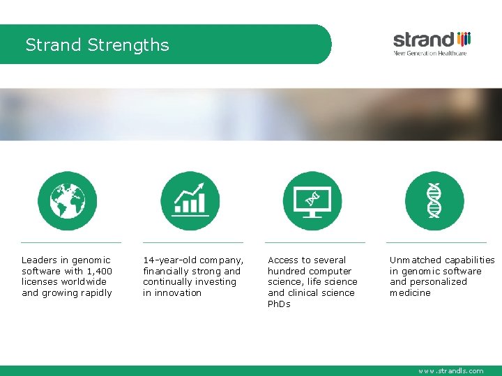 Strand Strengths Leaders in genomic software with 1, 400 licenses worldwide and growing rapidly