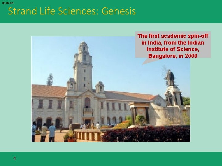 00: 02: 04 Strand Life Sciences: Genesis The first academic spin-off in India, from