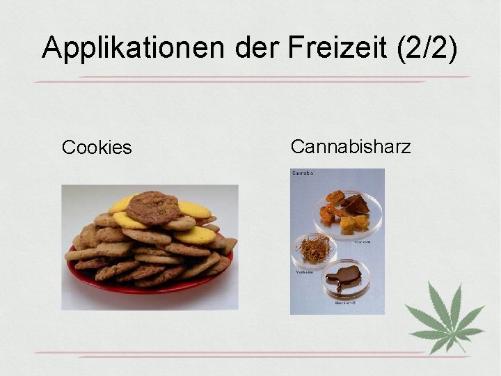 Applikationen der Freizeit (2/2) Cookies Cannabisharz 