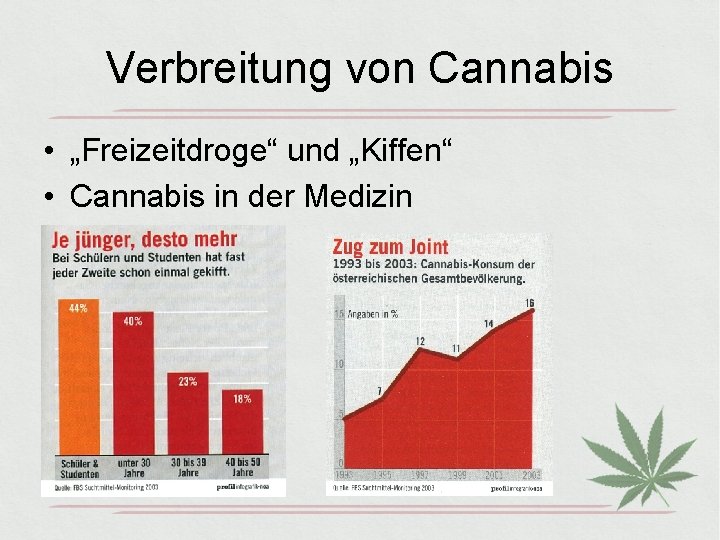 Verbreitung von Cannabis • „Freizeitdroge“ und „Kiffen“ • Cannabis in der Medizin 