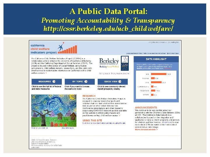 A Public Data Portal: Promoting Accountability & Transparency http: //cssr. berkeley. edu/ucb_childwelfare/ 