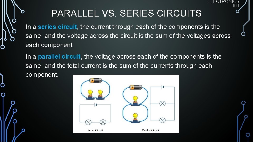 PARALLEL VS. SERIES CIRCUITS ELECTRONICS 101 In a series circuit, the current through each