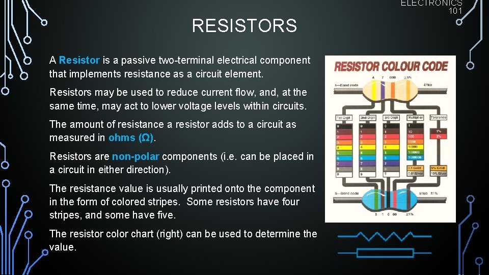 RESISTORS A Resistor is a passive two-terminal electrical component that implements resistance as a