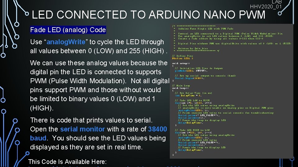 LAB HHV 2020_01 LED CONNECTED TO ARDUINO NANO PWM Fade LED (analog) Code Use