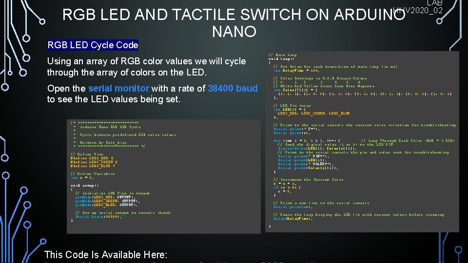 LAB HHV 2020_02 RGB LED AND TACTILE SWITCH ON ARDUINO NANO RGB LED Cycle