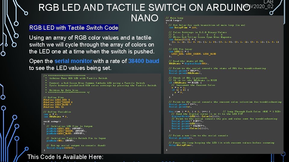 LAB HHV 2020_02 RGB LED AND TACTILE SWITCH ON ARDUINO NANO RGB LED with