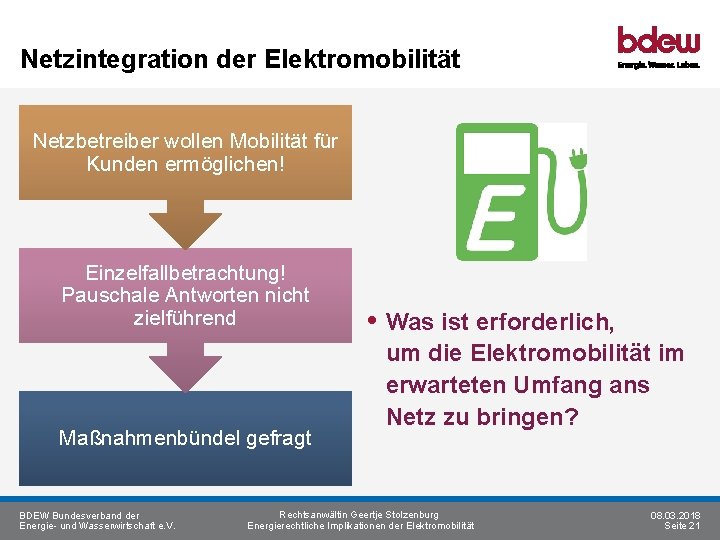 Netzintegration der Elektromobilität Netzbetreiber wollen Mobilität für Kunden ermöglichen! Einzelfallbetrachtung! Pauschale Antworten nicht zielführend