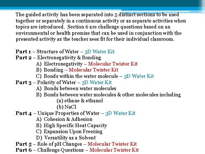 The guided activity has been separated into 5 distinct sections to be used together