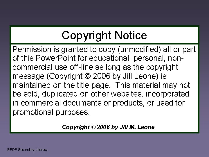 Copyright Notice Permission is granted to copy (unmodified) all or part of this Power.