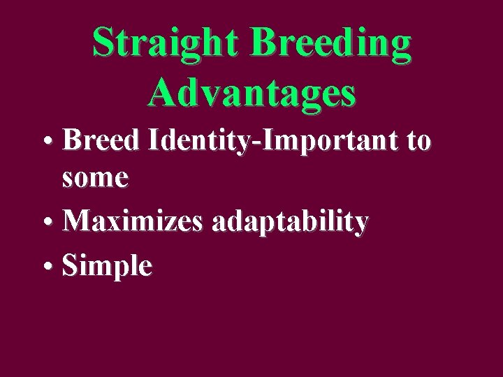 Straight Breeding Advantages • Breed Identity-Important to some • Maximizes adaptability • Simple 