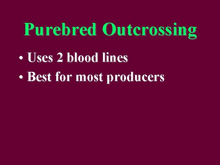 Purebred Outcrossing • Uses 2 blood lines • Best for most producers 