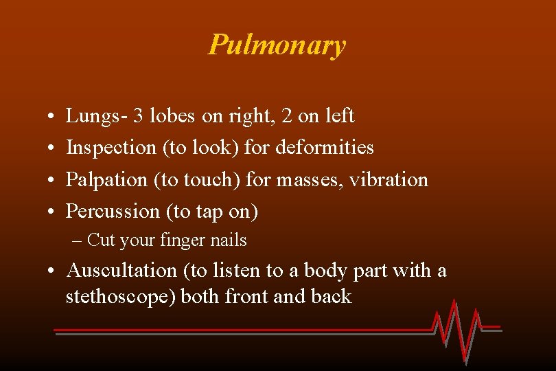 Pulmonary • • Lungs- 3 lobes on right, 2 on left Inspection (to look)