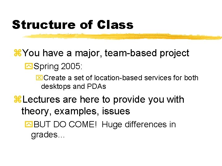 Structure of Class You have a major, team-based project Spring 2005: Create a set