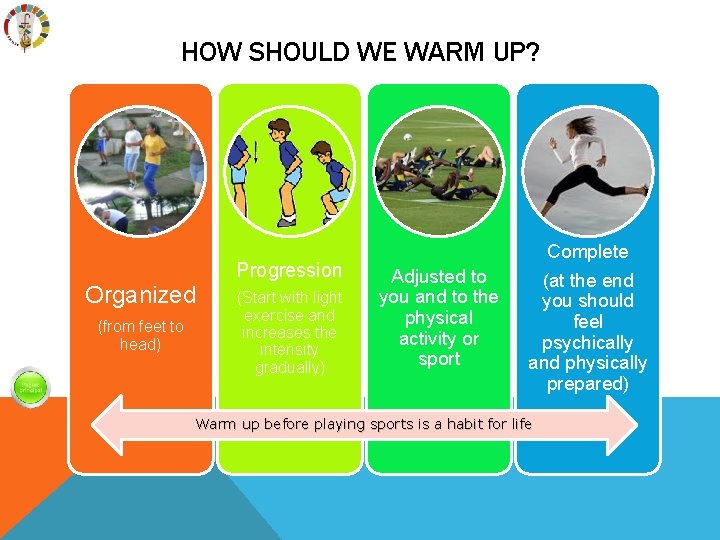 HOW SHOULD WE WARM UP? Progression Organized (from feet to head) (Start with light