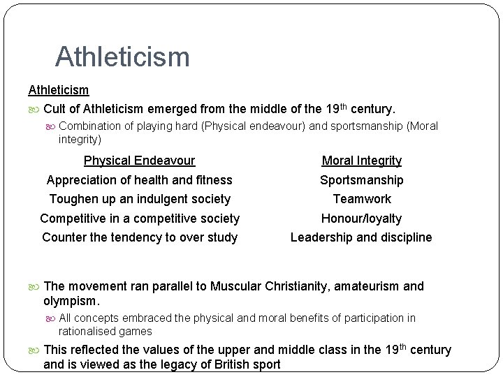 Athleticism Cult of Athleticism emerged from the middle of the 19 th century. Combination