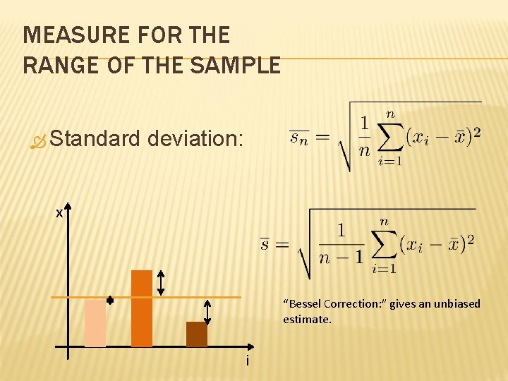 MEASURE FOR THE RANGE OF THE SAMPLE Standard deviation: x “Bessel Correction: ” gives