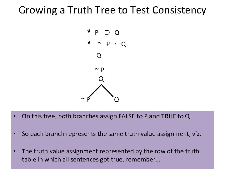 Growing a Truth Tree to Test Consistency √ √ ~P Q • On this